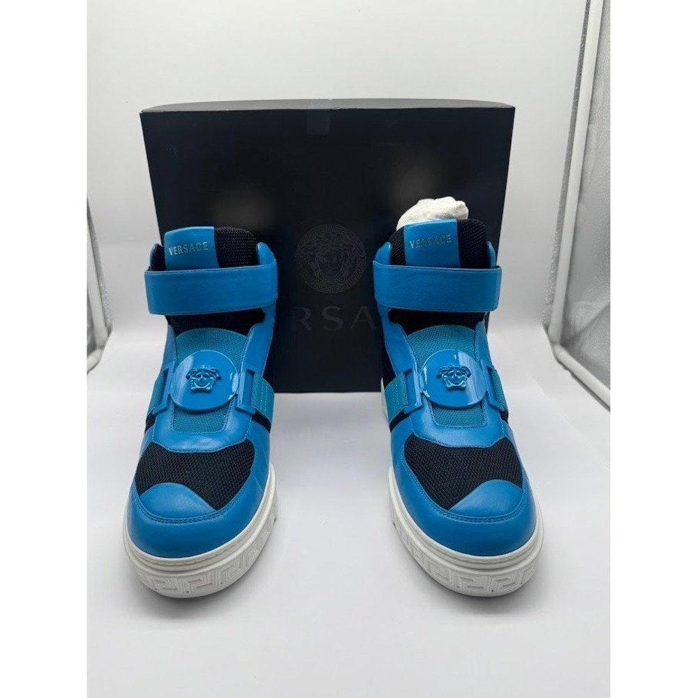 Versace Women Medusa High Top Sneakers Blue Black Leather IT 40 US 9 Italy NIB